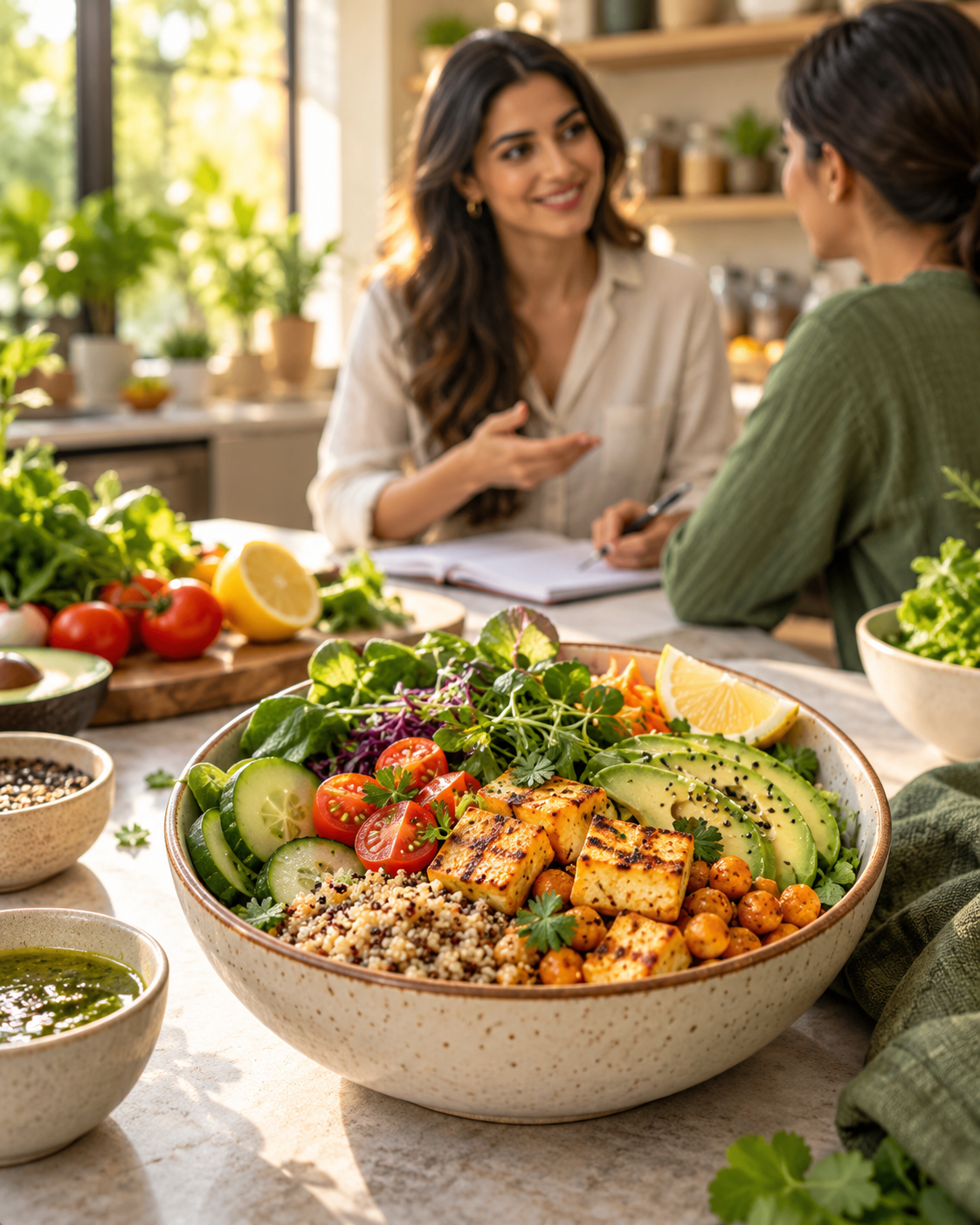 A nutrition coach discussing a colorful balanced meal